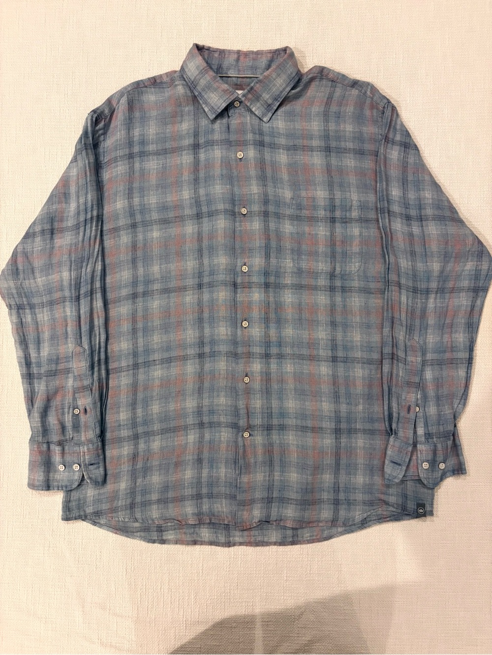 Peter Millar Slate Blue and Rust Plaid Linen Button-Down Shirt